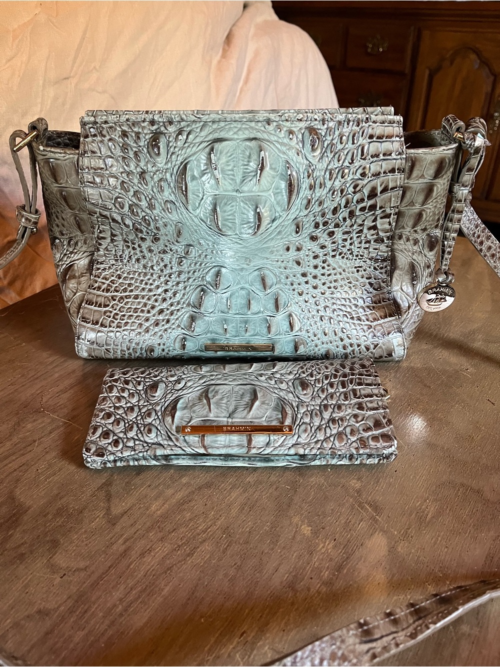 Brahmin Teal Croc-Embossed Shoulder Bag with Matching Wallet